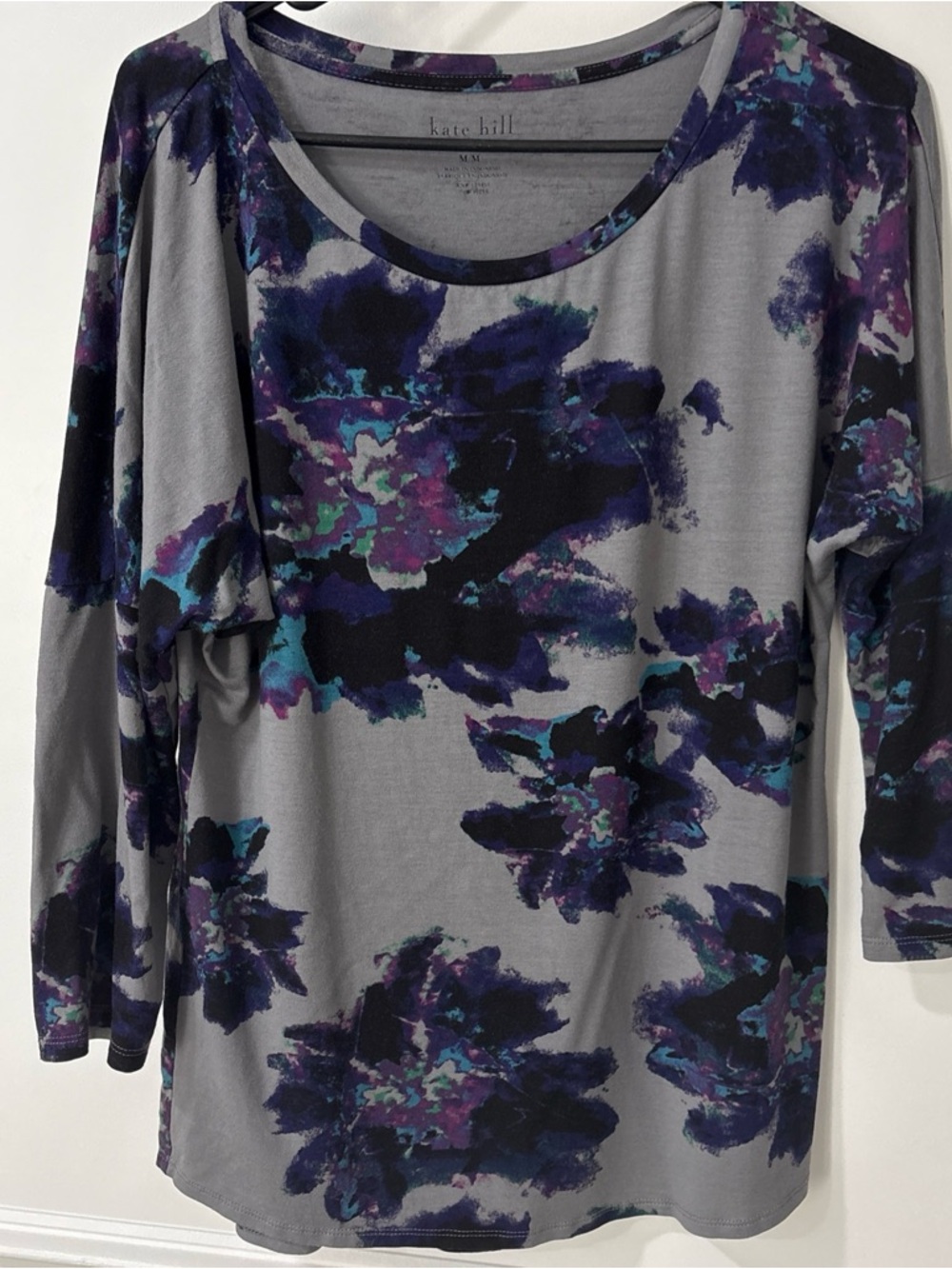 kate hill Gray Floral Scoop Neck Women’s Top - Purple & Teal Print